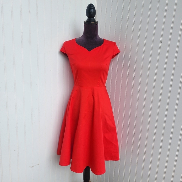 Dress Tells Womens Red Stretch Cotton Cap Sleeve Flare Sweetheart Neck A-Line S - Picture 1 of 13